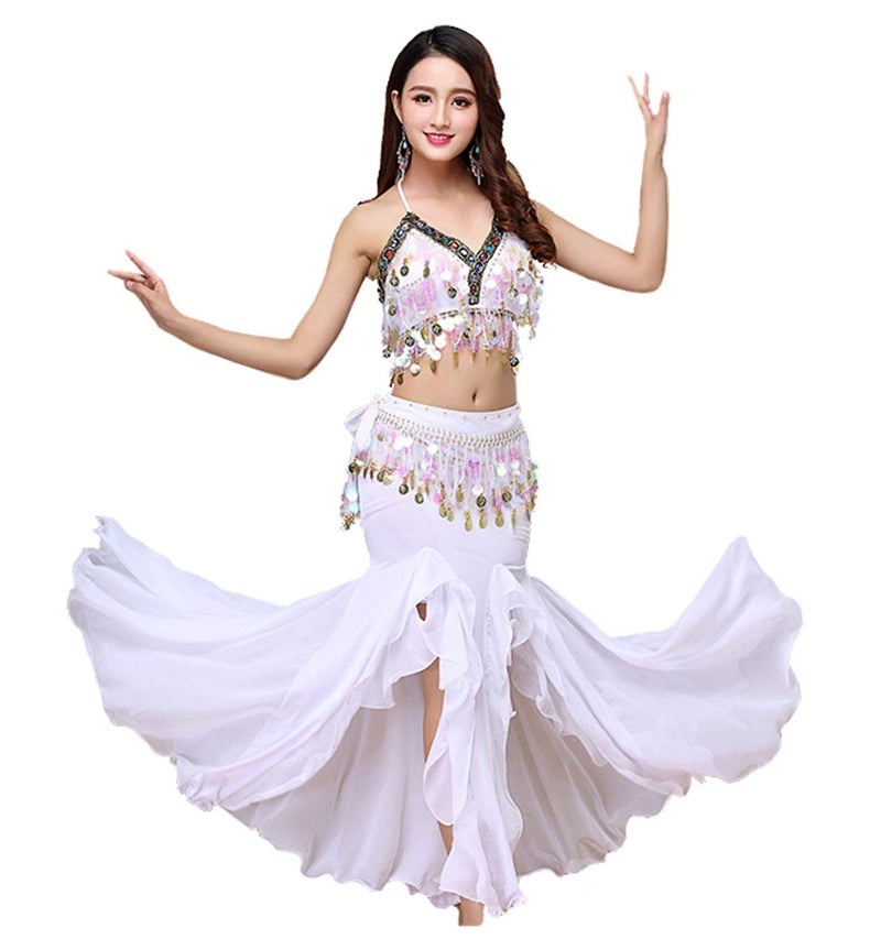 ORIDOOR Women's Belly Dance Dress Set - Bra Top, Waist Belt & Chiffon Skirt - White - Image 1